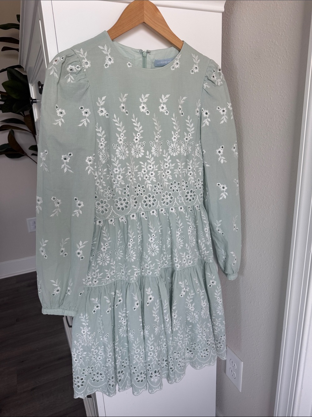 ANTONIO MELANI Sage Green Embroidered Long Sleeve Tiered Dress